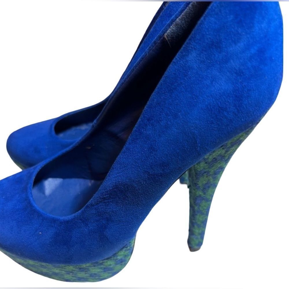 🛍️ Blue green suede, embroidered platform, stiletto pumps, high heels, size 7 - Picture 7 of 16